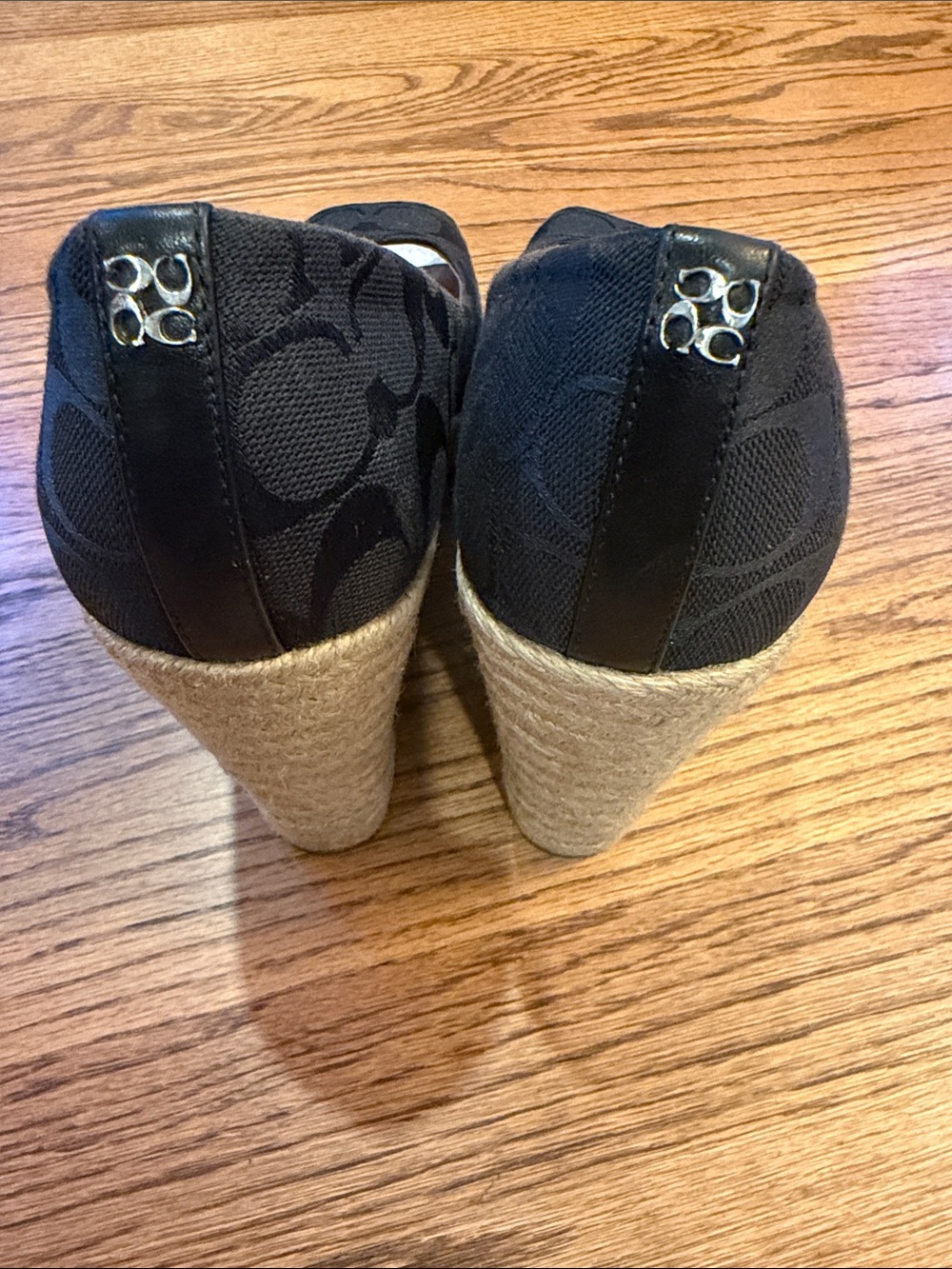 Coach Black Canvas Espadrille Peep-Toe Wedge Heels - Picture 3 of 3